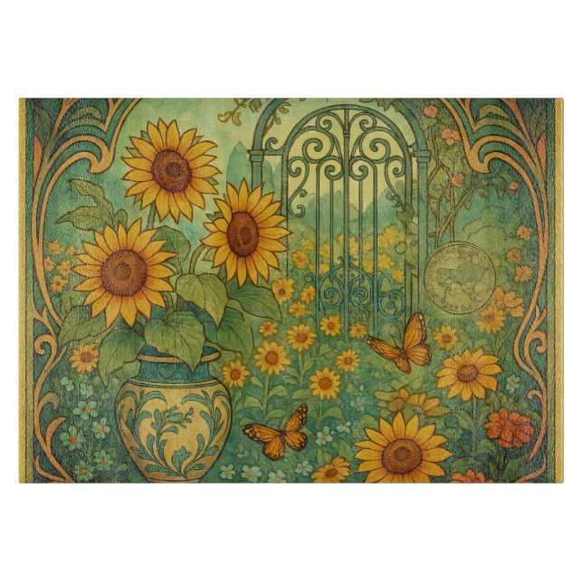 Vintage Sunflower Garden Butterflies Art Nouveau Cutting Board (Front)