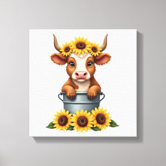Vintage Sunflower Highland Cow in Bucket Floral Fa Canvas Print
