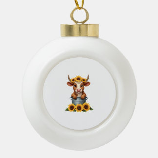 Vintage Sunflower Highland Cow in Bucket Floral Fa Ceramic Ball Christmas Ornament