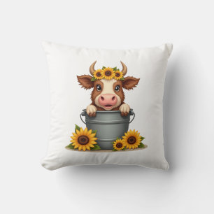 Vintage Sunflower Highland Cow in Bucket Floral Fa Cushion