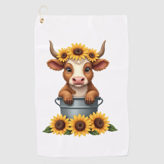 Vintage Sunflower Highland Cow in Bucket Floral Fa Golf Towel