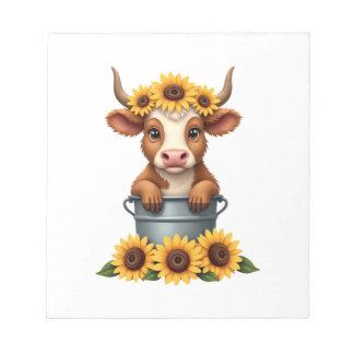 Vintage Sunflower Highland Cow in Bucket Floral Fa Notepad