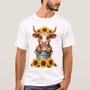 Vintage Sunflower Highland Cow in Bucket Floral Fa T-Shirt