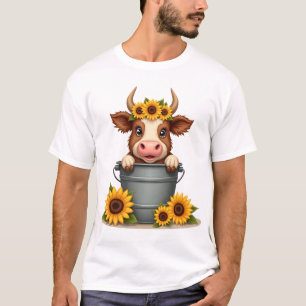 Vintage Sunflower Highland Cow in Bucket Floral Fa T-Shirt