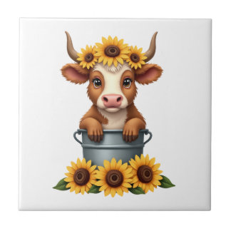 Vintage Sunflower Highland Cow in Bucket Floral Fa Tile