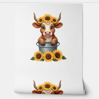 Vintage Sunflower Highland Cow in Bucket Floral Fa Wallpaper