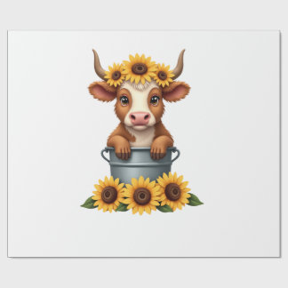 Vintage Sunflower Highland Cow in Bucket Floral Fa Wrapping Paper