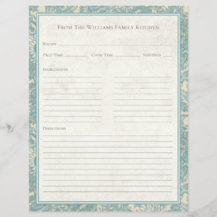 Vintage Sunflower Light Blue Recipe Paper Sheet