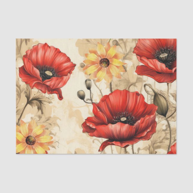 Vintage Sunflower & Red Poppies Tissue Paper (Front)