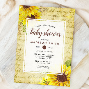 Vintage Sunflower Script Baby Shower Invitation