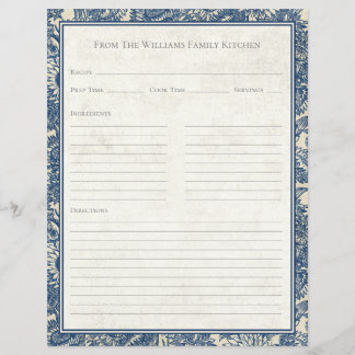 Vintage Sunflower Toile Blue Recipe Paper Sheet