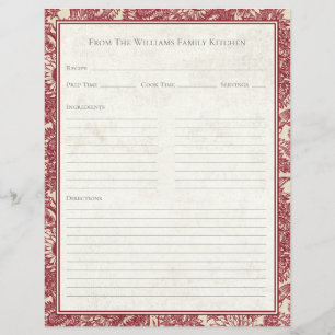 Vintage Sunflower Toile Red Recipe Paper Sheet