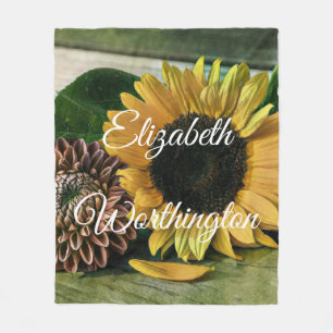 Vintage Sunflower Watercolor on a Wooden Table  Fleece Blanket