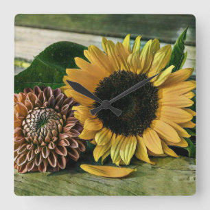 Vintage Sunflower Watercolor on a Wooden Table Square Wall Clock