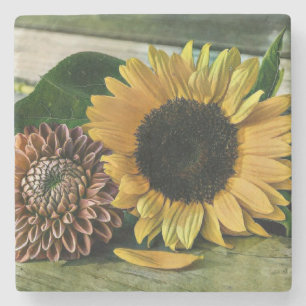 Vintage Sunflower Watercolor on a Wooden Table Stone Coaster