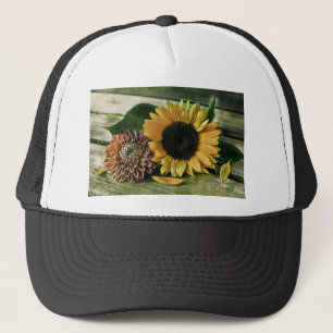 Vintage Sunflower Watercolor on a Wooden Table Trucker Hat