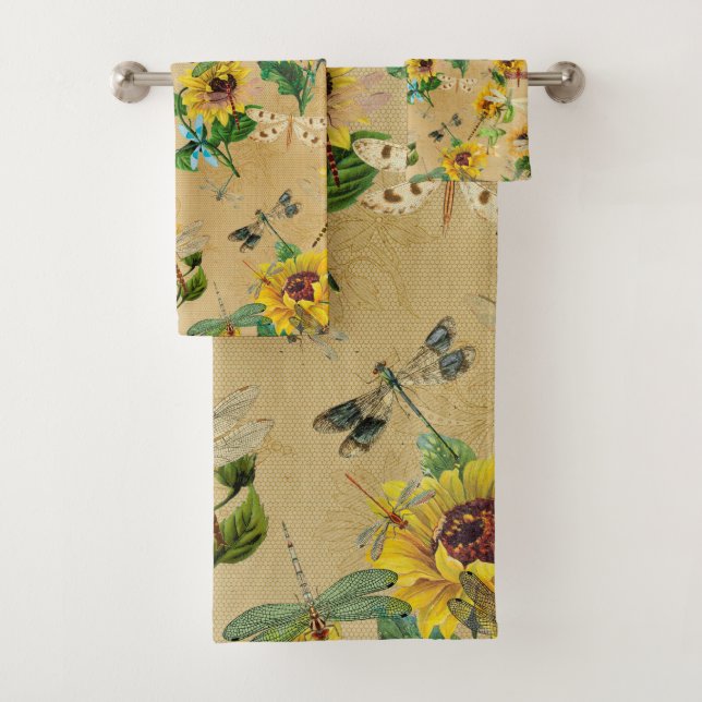 Vintage Sunflowers and Dragonflies  Bath Towel Set (Insitu)