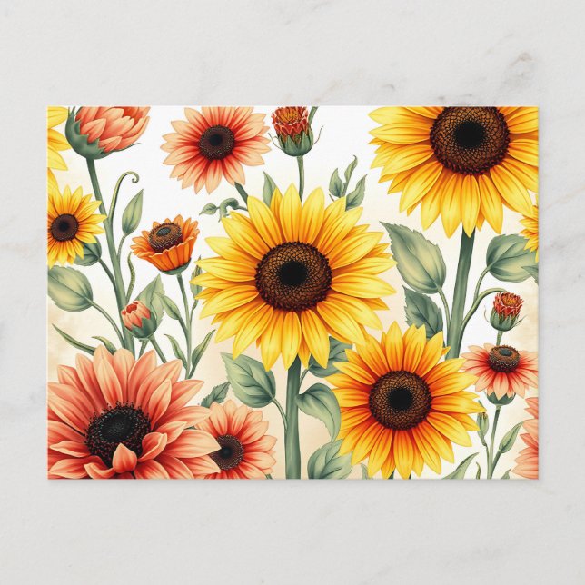 Vintage Sunflowers and Marigolds Botanical Postcard (Front)