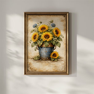 Vintage Sunflowers in Rustic Bucket Poster