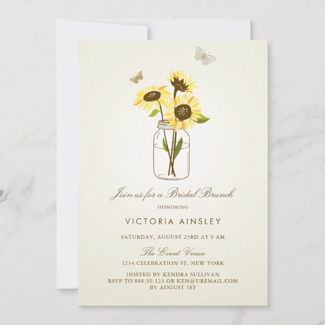 Vintage Sunflowers on Mason Jar Bridal Brunch Invitation (Front)
