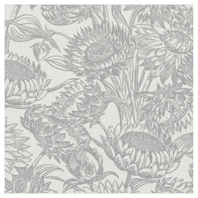 Vintage Sunflowers Toile Grey Fabric (Close Up)