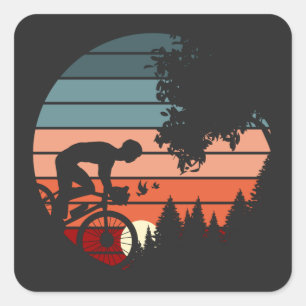 Vintage Sunset Cyclist Cycling In Hill Mountains Square Sticker