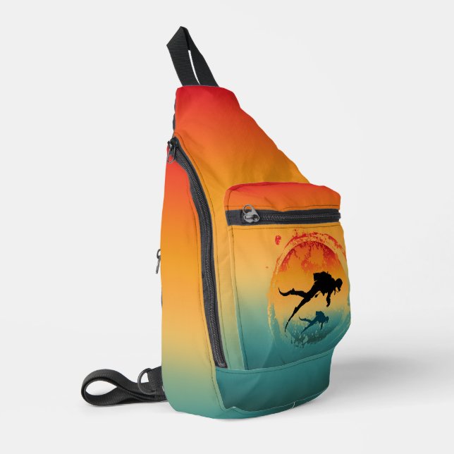 Vintage Sunset Diver Diving Ocean Sling Bag (Left Corner)