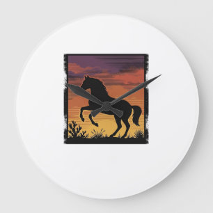 Vintage Sunset Horse Silhouette Western Engraving Large Clock