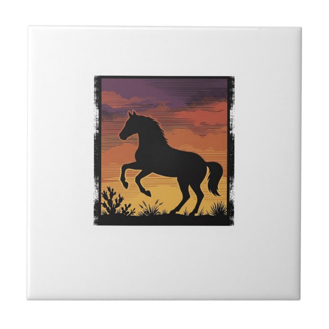 Vintage Sunset Horse Silhouette Western Engraving  Tile (Front)