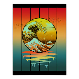 Vintage Sunset Japanese Kanagawa Wave Ocean Poster