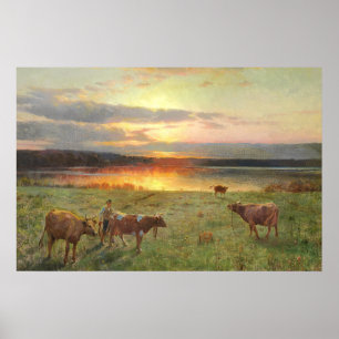 Vintage Sunset Lake Landscape with Cows Art Poster