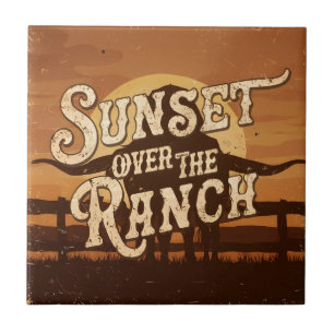 Vintage Sunset Over the Ranch Tile