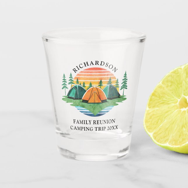 Vintage Sunset Personalised Camping Family Reunion Shot Glass (Front)