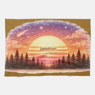 Vintage Sunset Retro Vibe Custom Name Unisex Tea Towel