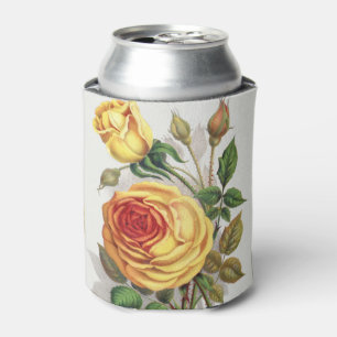 Vintage Sunset Rose Yellow & Orange Botanical Art Can Cooler