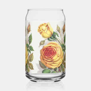 Vintage Sunset Rose Yellow & Orange Botanical Art Can Glass