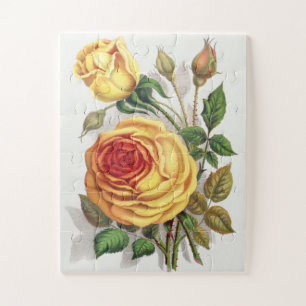 Vintage Sunset Rose Yellow & Orange Botanical Art Jigsaw Puzzle