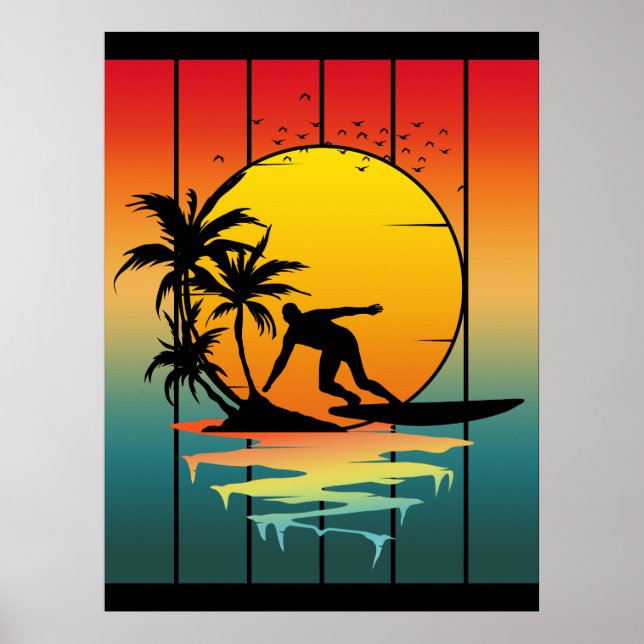 Vintage Sunset Surfing Surfer Ocean Surf Poster (Front)