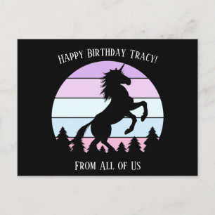Vintage Sunset Unicorn Rearing Name Date Birthday Postcard