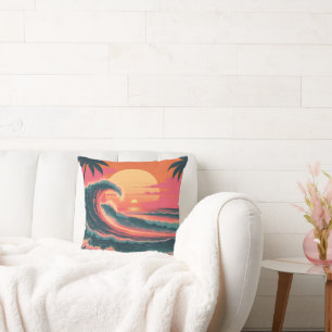 Vintage Sunset Wave   Retro Tropical Throw Pillow