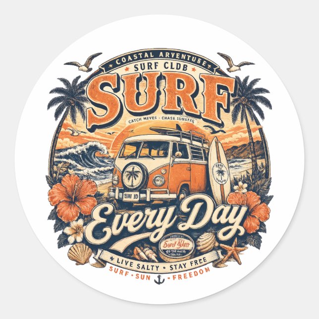 Vintage Surf Every Day Round Sticker  (Front)