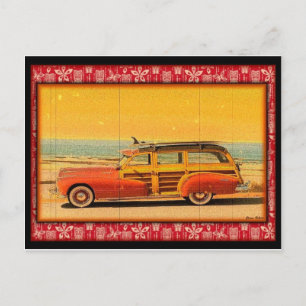 vintage surf woodie postcard