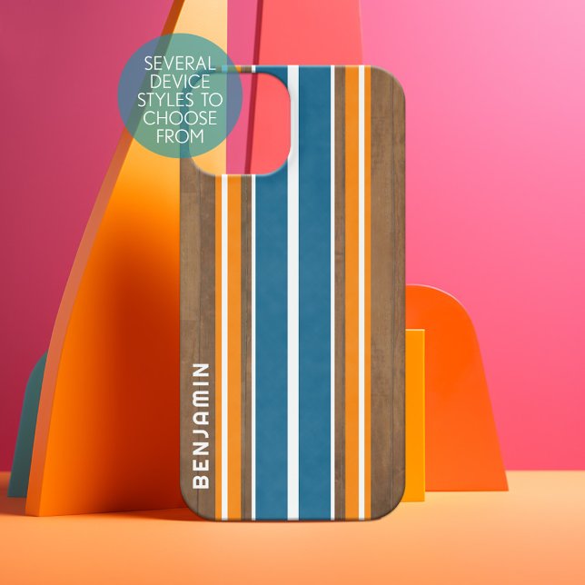 Vintage Surfboard Stripes - Custom Name iPhone 16 Case (Surfboard stripes on a phone case - add your name to personalize)