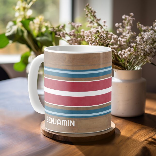 Vintage Surfboard Stripes - Subtle Wood Background Coffee Mug (Personalized mug with a name on each side - vintage surfboard)