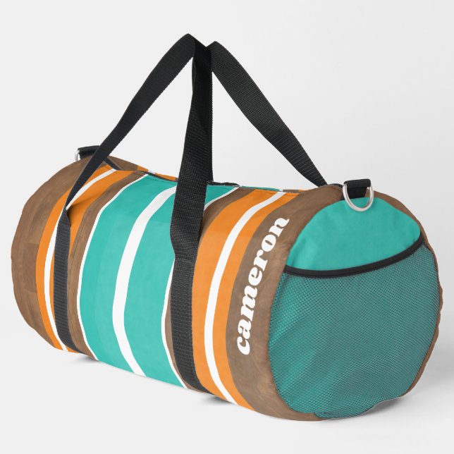 Vintage Surfboard Stripes - Subtle Wood Background Duffle Bag (Right Corner)