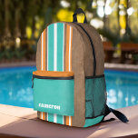 Vintage Surfboard Stripes - Subtle Wood Background Printed Backpack<br><div class="desc">A colourful,  retro stripe design in aqua blue and orange on a faux wood print background. A vintage surfboard stripe design with a beach and surf look. Add your name to make this a personal backpack that will stand out amongst your friends. The text is a retro serif font.</div>