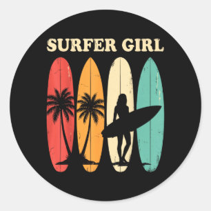 Vintage Surfer Girl Surfing Surfboarding Surf Classic Round Sticker