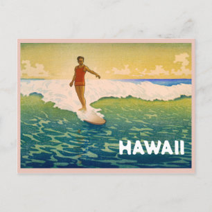 Vintage Surfer in Hawaii Illustration Postcard