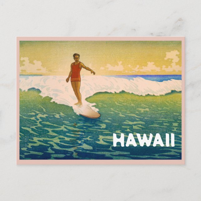 Vintage Surfer in Hawaii Illustration Postcard (Front)