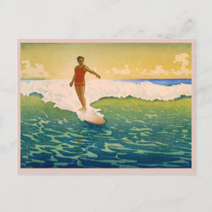 Vintage Surfer in Hawaii Illustration Postcard